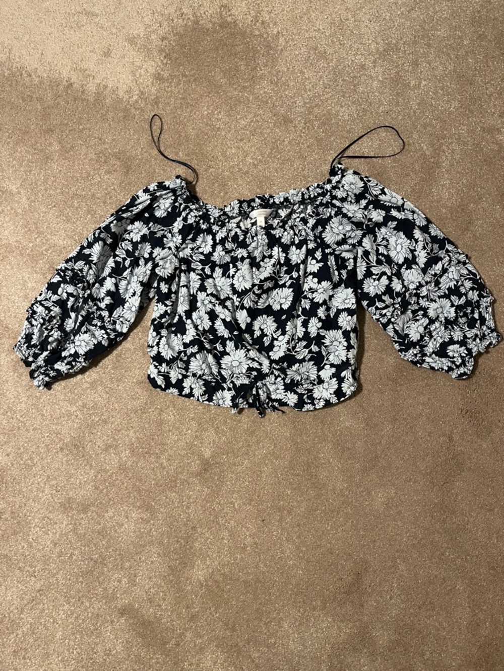 Lauren Conrad Navy and White Floral Off-Shoulder Crop Top